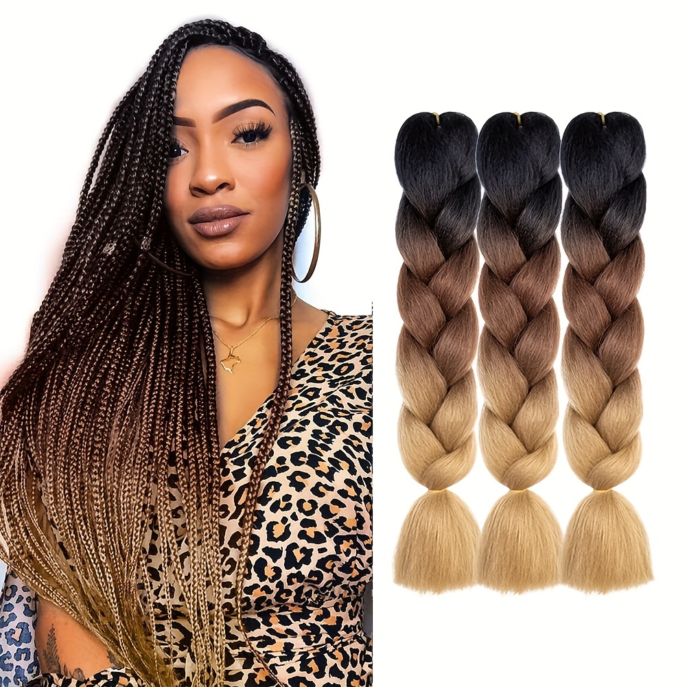 6pc/lot Ombre Synthetic Braiding Hair Jumbo Braids Hair Braiding Kanekalon  Mambo Twist Synthetic Hair Extension(Black/Brown/Light Brown))