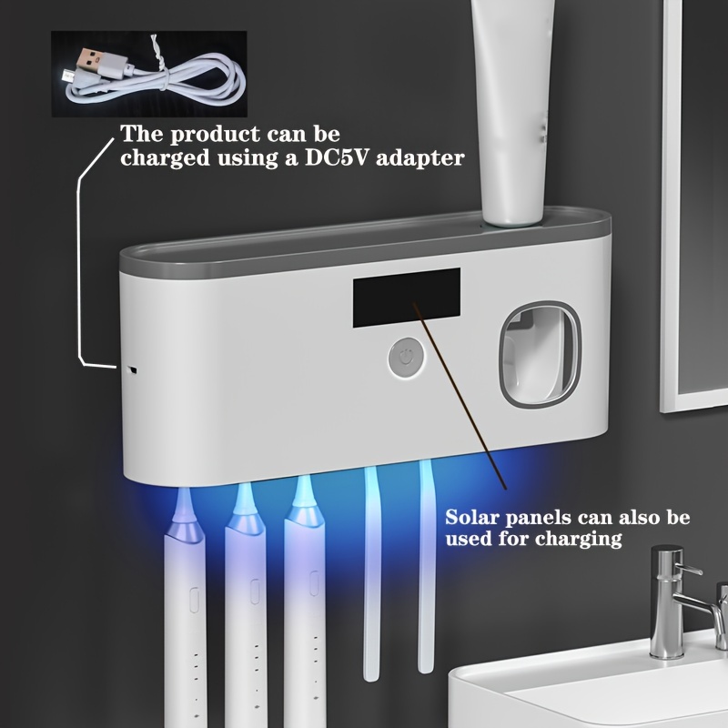 

1pc Uv Toothbrush Sanitizer, 99% Bacteria-free Wall Mounted Toothbrush Holder, No-drilling, With Automatic Toothpaste Dispenser Squeezer Kit, Solar & Dc5v Charging