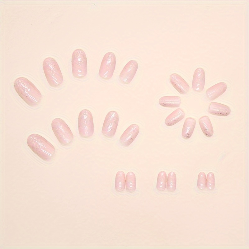 glitter pinkish press on nails shiny sequin cute short oval false nails reusable fake nails for daily wear details 1