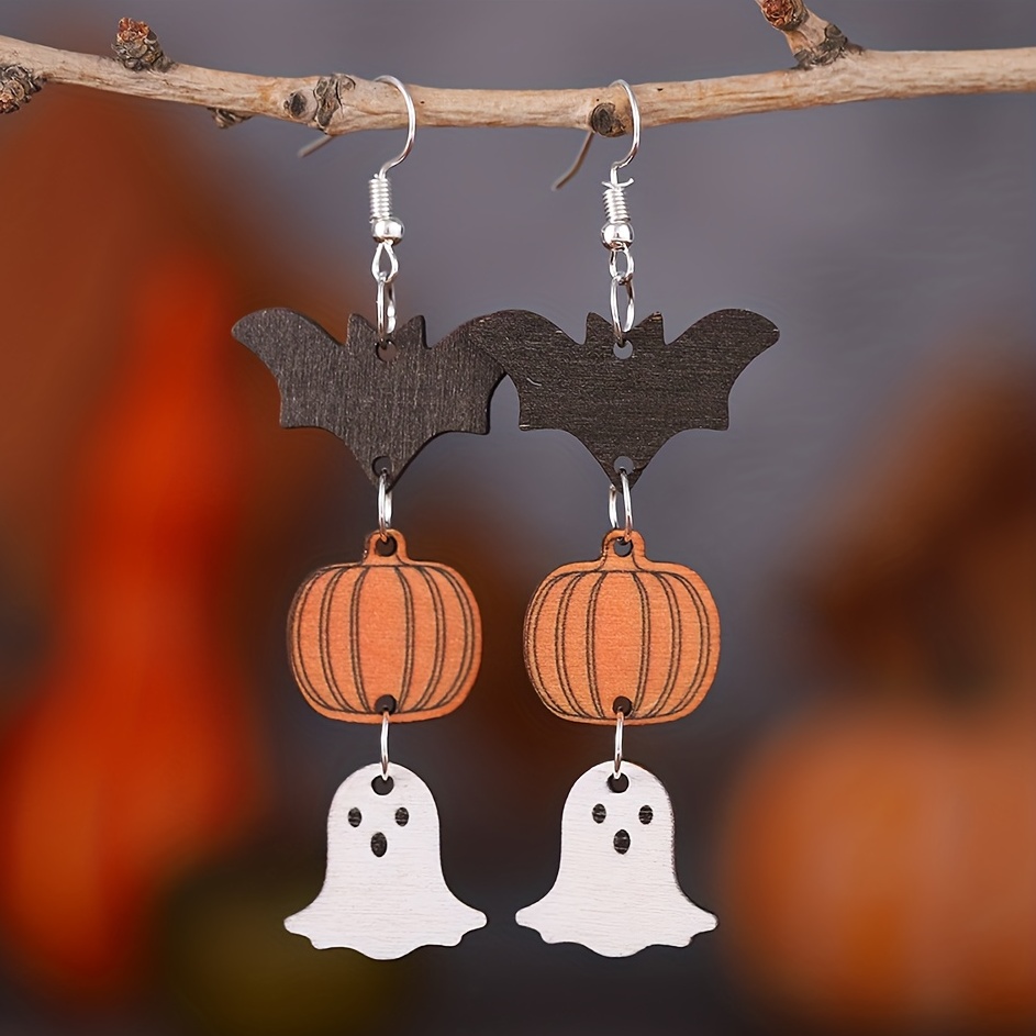 

Halloween Vintage Ghost Bat Pumpkin Design Dangle Earrings Wooden Jewelry Creative Female Gift