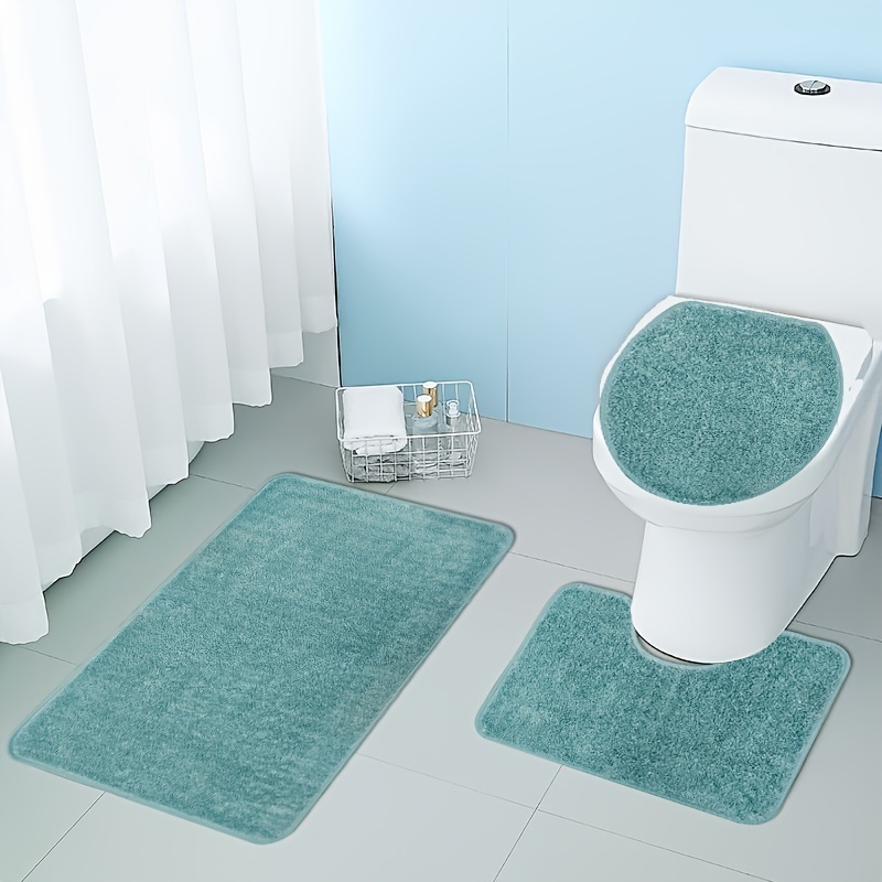 Turquoise Blue 3 Pcs Toilet Cover Non Slip Mat Bathroom Rugs Set