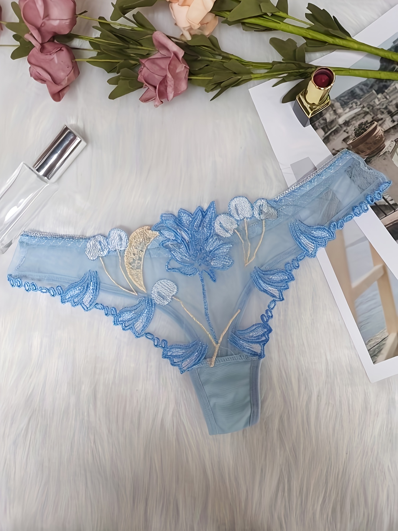 Floral Embroidery Thongs Hollow Sheer Mesh Panties Women's - Temu