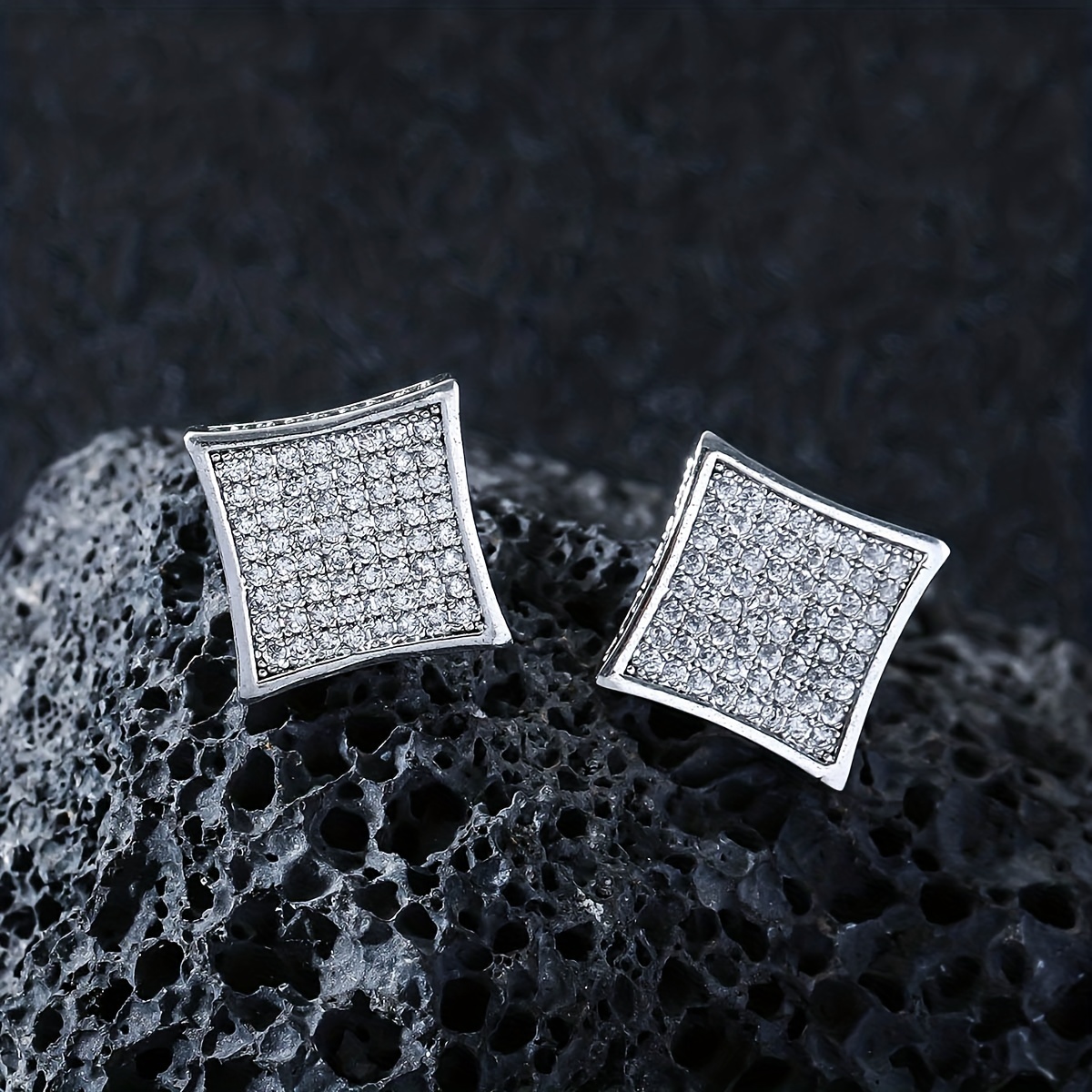2pcs pair Hip Hop Style Square Earrings With Zircon For Men