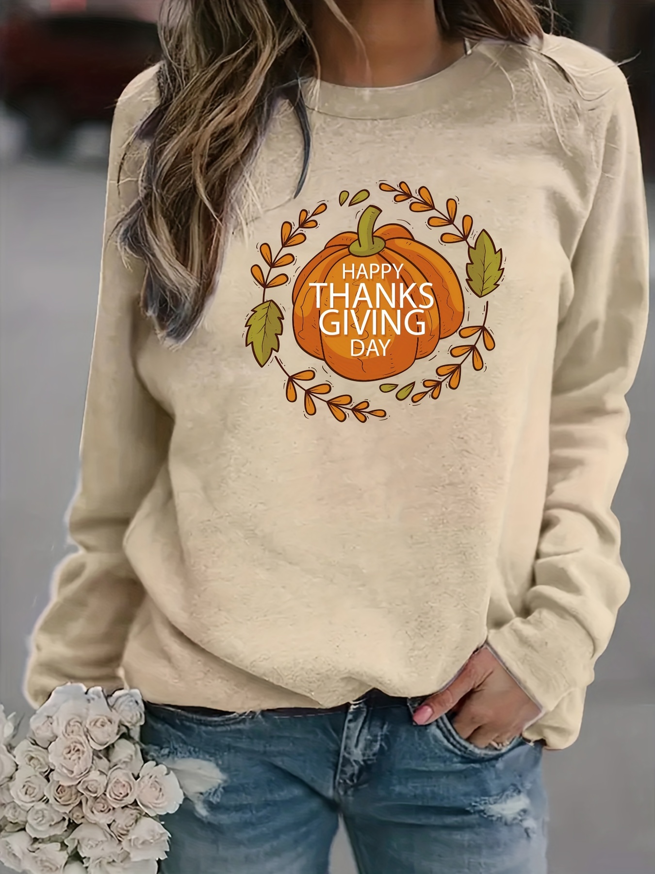 Thanksgiving Pumpkin Print Sweatshirt Casual Long Sleeve Crew Neck ...