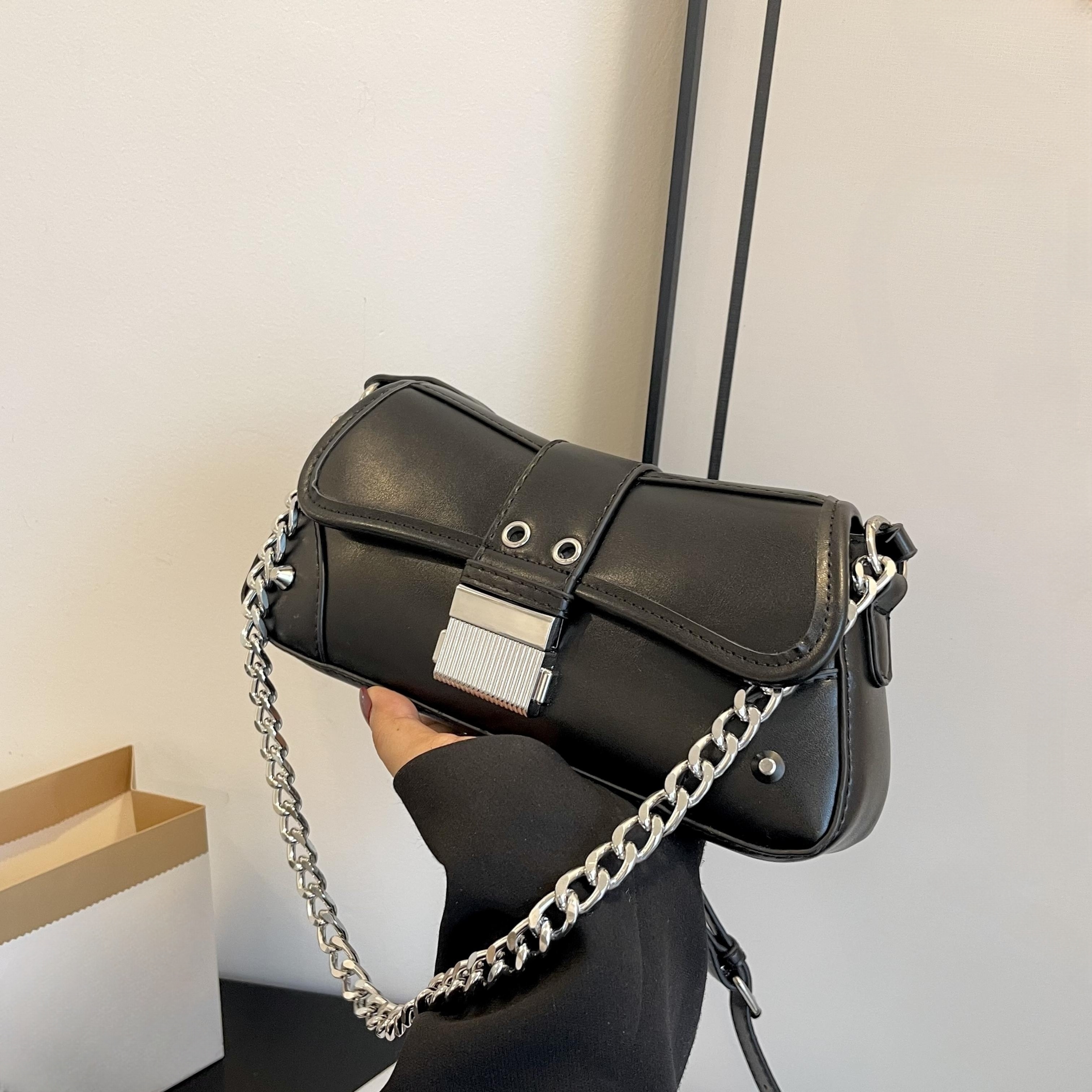 Y2k Style Baguette Bag, Studded Decor Underarm Purse, Women's Chain Handbag  For Streetwear - Temu