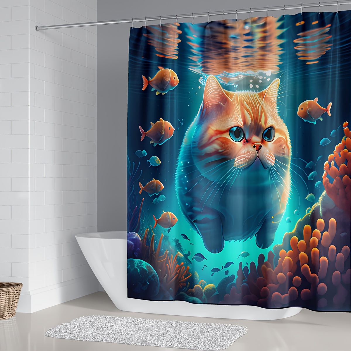 1pc Cat Fish Coral Shower Curtain, Waterproof Shower Curtain With 12 Hooks,  Bathroom Partition, Bathroom Accessories, Home Decor