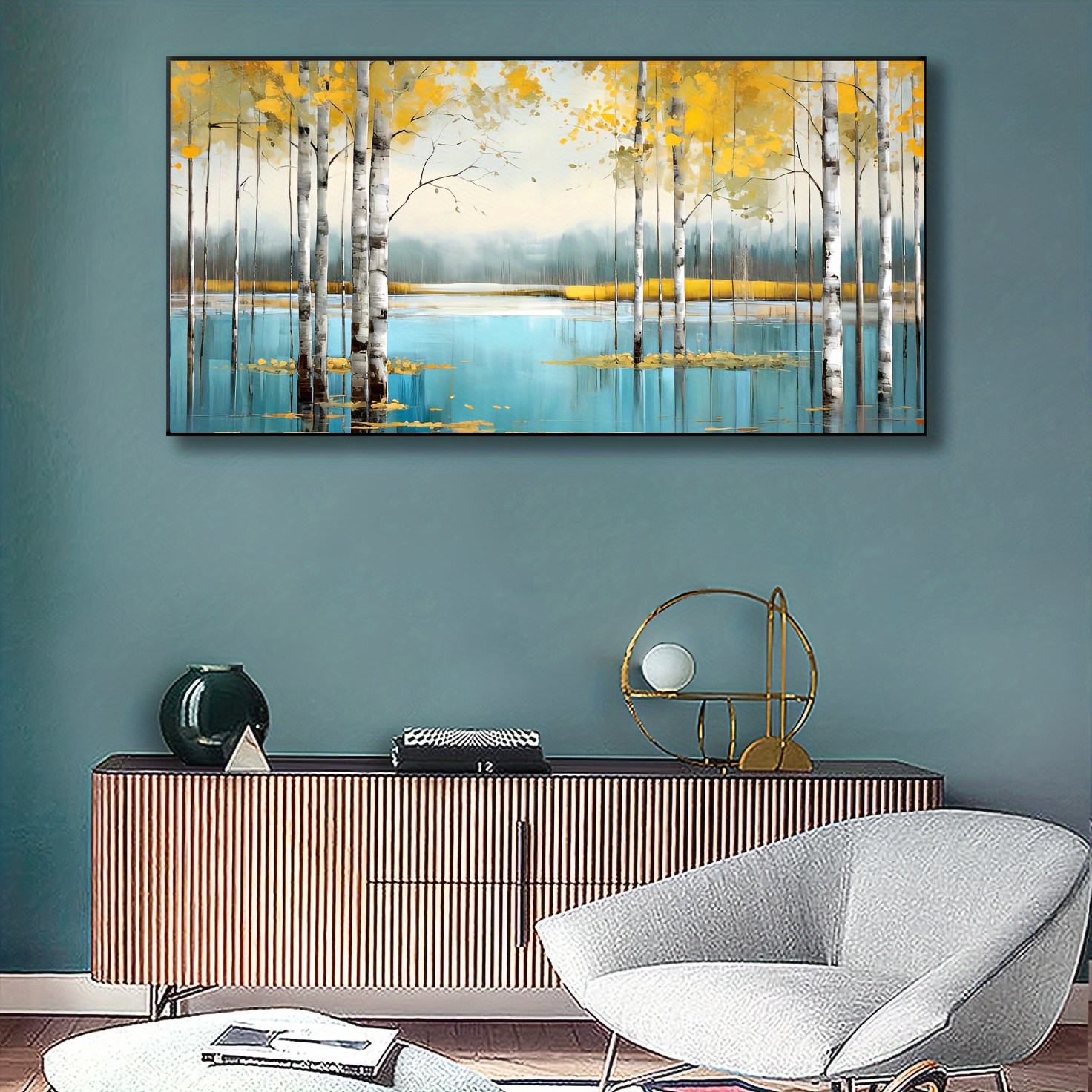 Abstract gold, green and blue landscape painting on canvas
