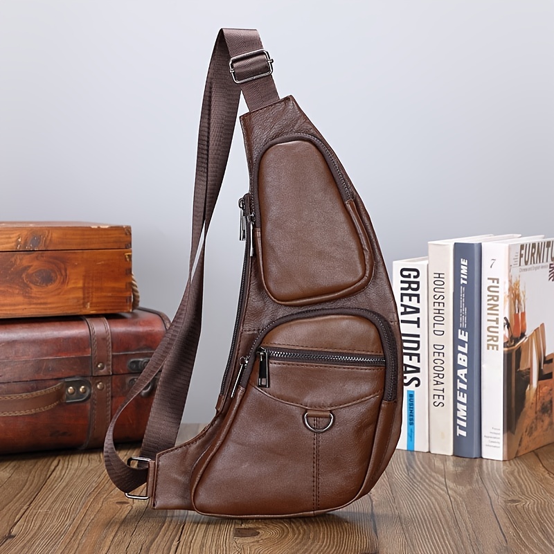 Men's Genuine Leather Chest Bag Messenger Bag, Soft Leather Triangle Bag,  Casual Sports Crossbody Bag - Temu