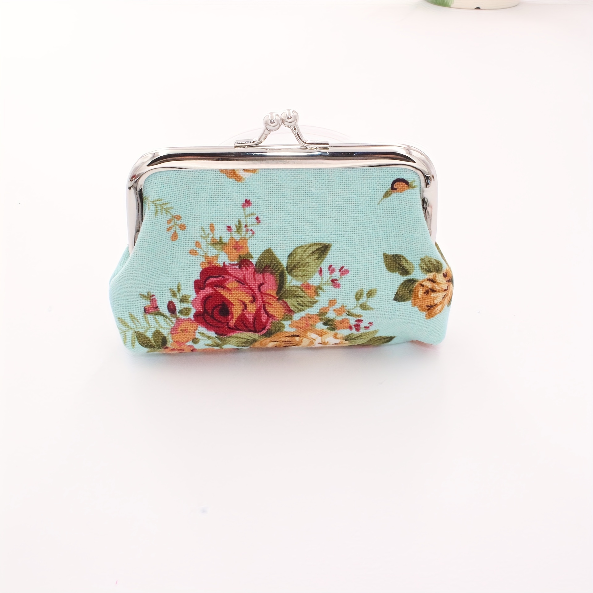 Vintage Rose Print Coin Purse Makeup Bag Kiss Lock Holder