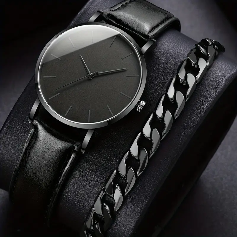 1pc Fashion Men's Black PU Strap Round Dial Quartz Watch and 1pc Chain Bracelet for Daily Life,Relojes Para Hombres,Temu