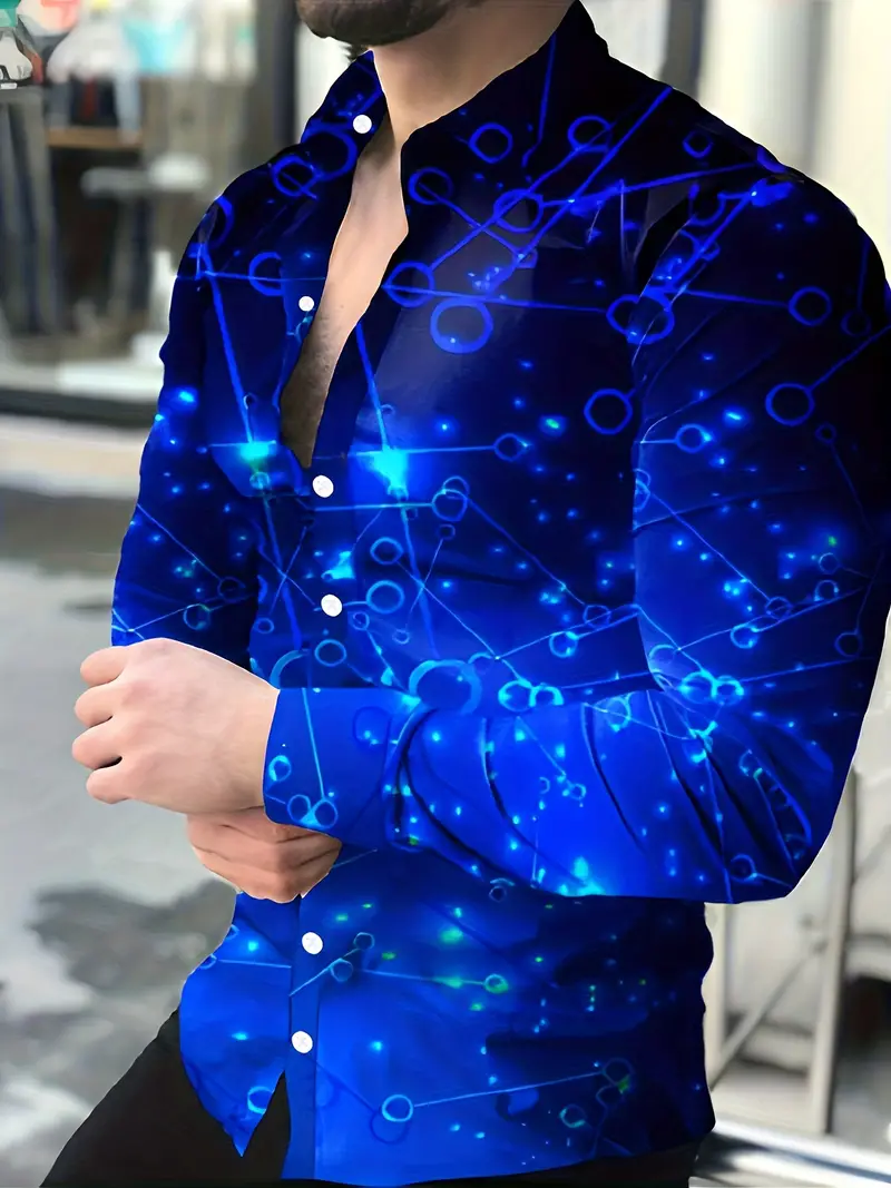 geometric-pattern Lapel Neck Non-Stretch Tops, Men's Casual Autumn Trendy Print Button Up Long Sleeve Shirt Clothes, Blue Circuit Board Print Shirt