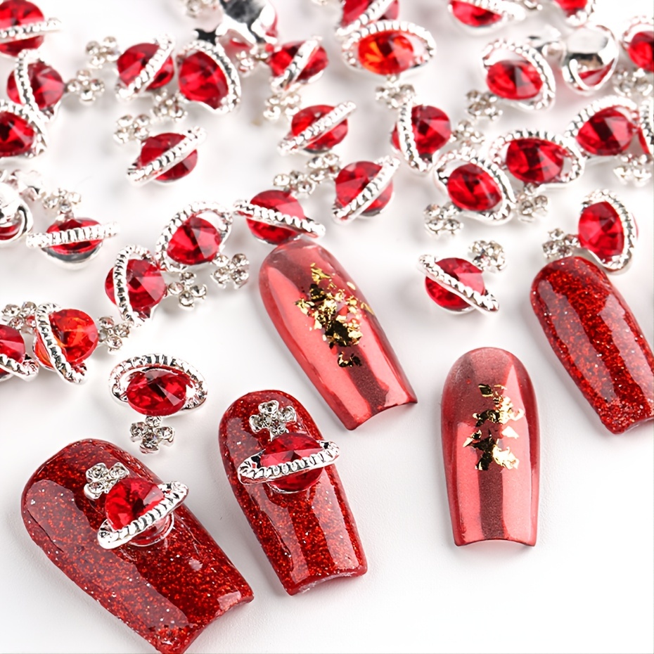 10Pcs Alloy Saturn Planet Red Nail Gems 3D Nail Rhinestone Charms