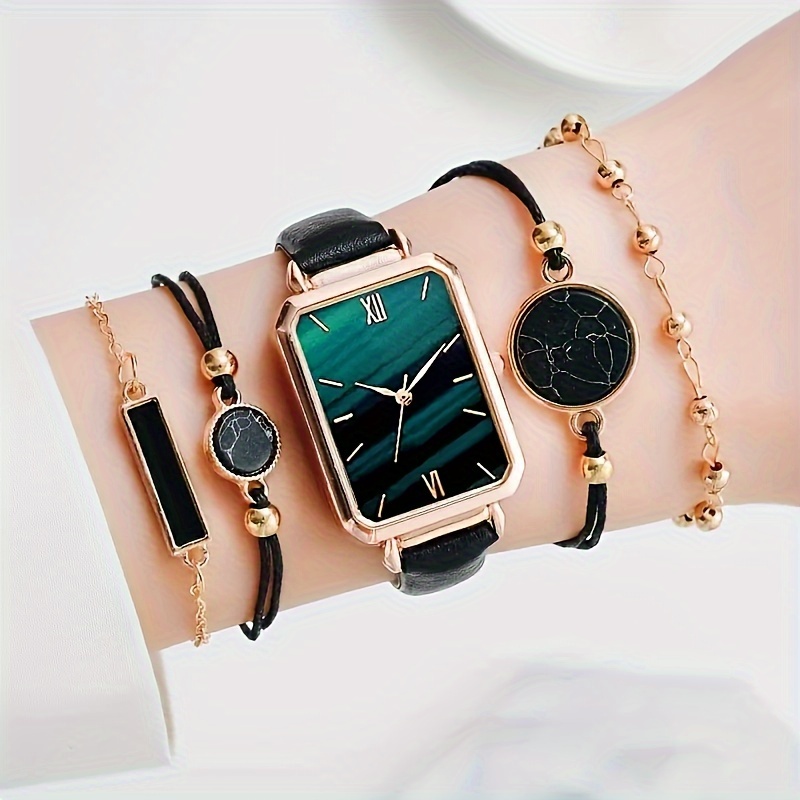 5 ピース/セットレディース腕時計レトロ長方形ポインタークォーツ時計アナログ PU レザー腕時計 ブレスレット お母さん - Temu Japan