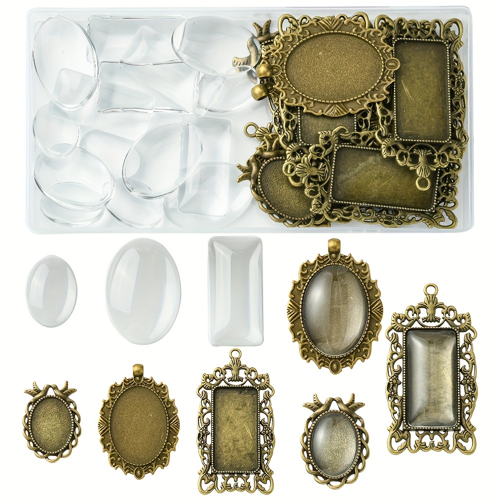 

Environ 30 pièces/boîte Kit de fabrication de pendentif vintage DIY vierge, comprenant des réglages de cabochon de pendentif en alliage, des cabochons en verre, rectangle et ovale, bronze antique