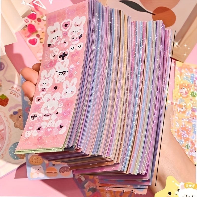 100Sheets Korean Deco Stickers Set, Kpop Potocard Korean Stickers with Cute  Rabbit Bear Cat Flower Ribbon Animal, DIY Colorful Glitter Self Adhesive