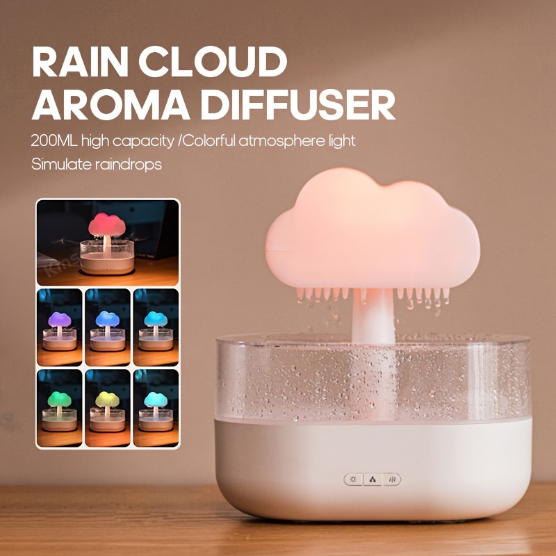 Humidificador de lluvia con goteo de agua, difusor de nubes de lluvia de  hongos, aceites esenciales de gotas de lluvia, luz nocturna con 7 colores