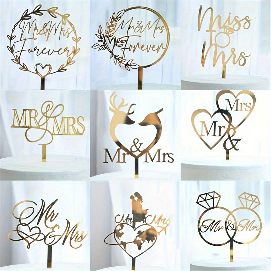 

9pcs/set, Mr&mrs Love Wedding Proposal Acrylic Cake Decor Cake Topper Card Couple Cake Decoration