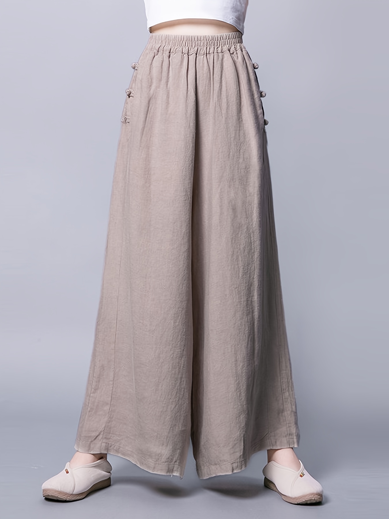 Women's Tight Waist Solid Cotton Linen Wide Leg Pants Loose