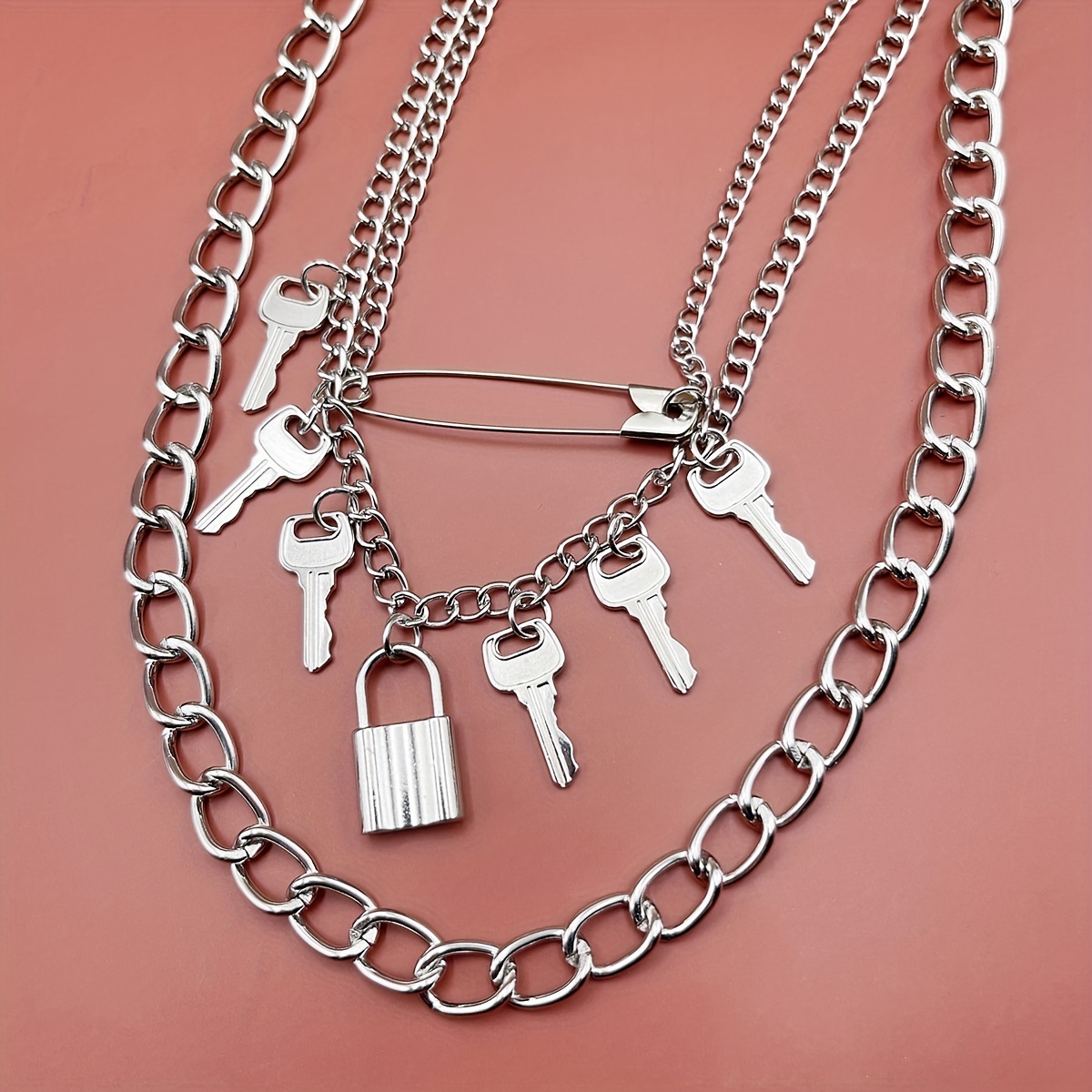 Lock Key Chain Necklace, Hip Hop Punk Lock Necklace