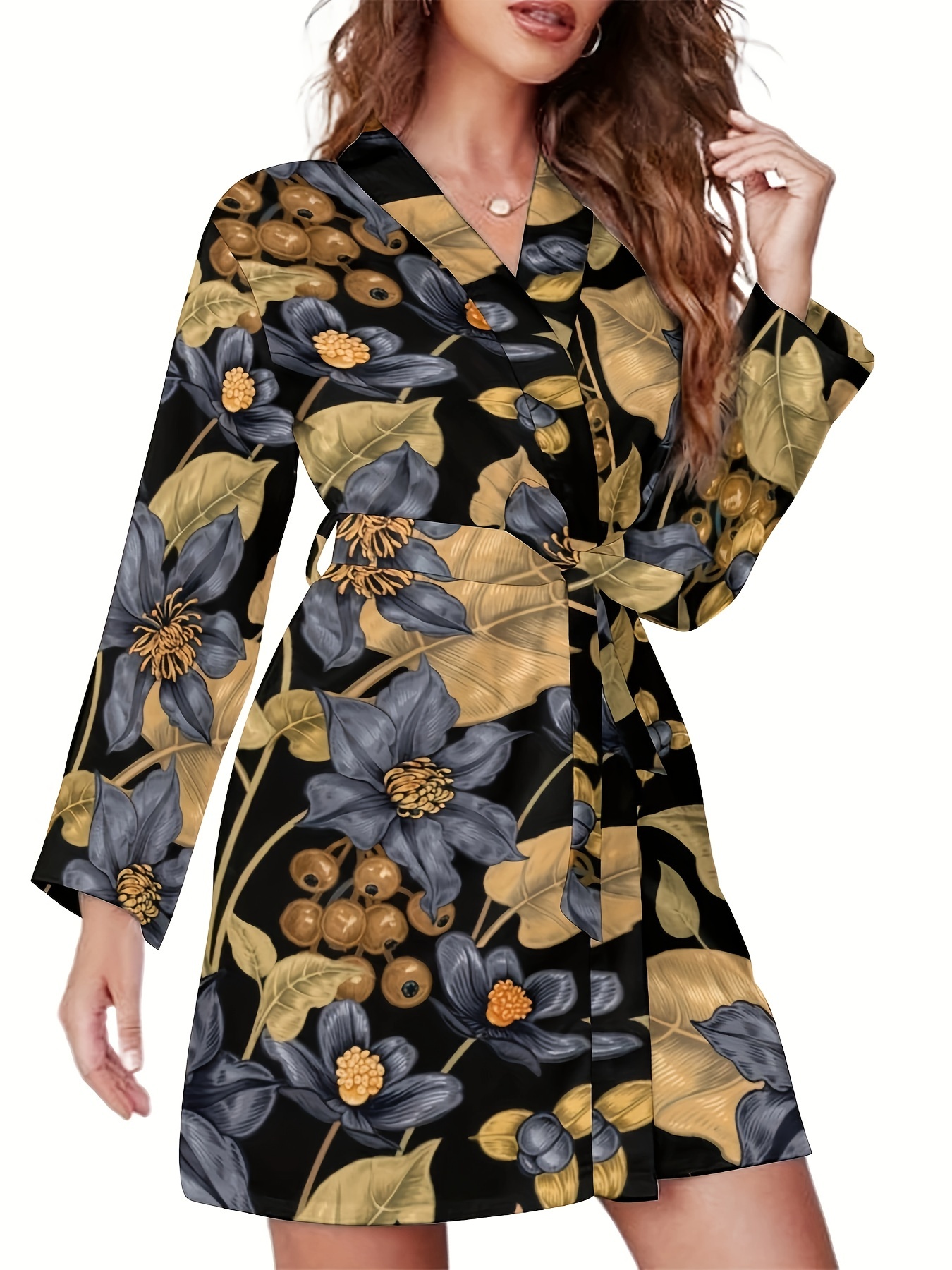 Casual Floral Print Satin Night Robe Long Sleeve V Neck - Temu