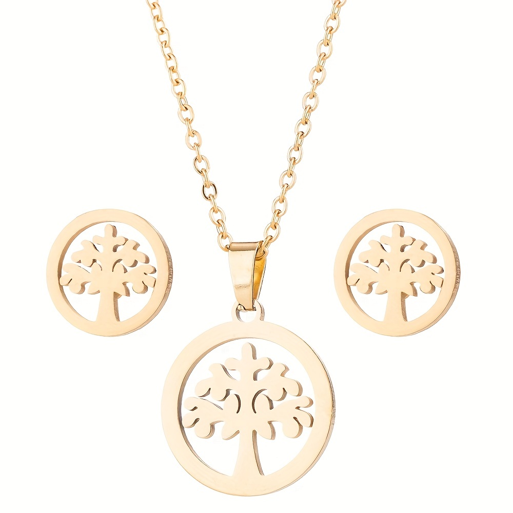 Stainless Steel Monstera Pendant Necklace Set