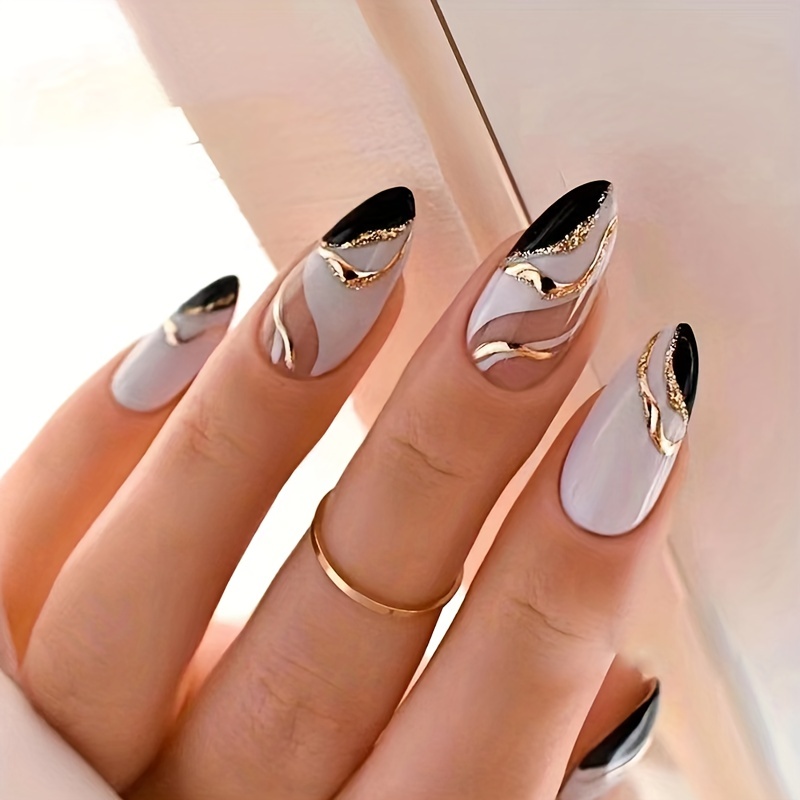 

24pcs Glossy Medium Almond Fake Nails, Minimalist Style French Press On Nails With Black Golden Swirl Design, Sweet Cool False Nails For Women Girls Daily Wear