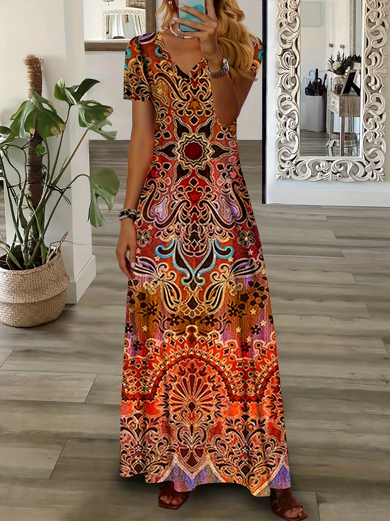 Ethnic Floral Print Dress Boho V Neck Short Sleeve Maxi - Temu
