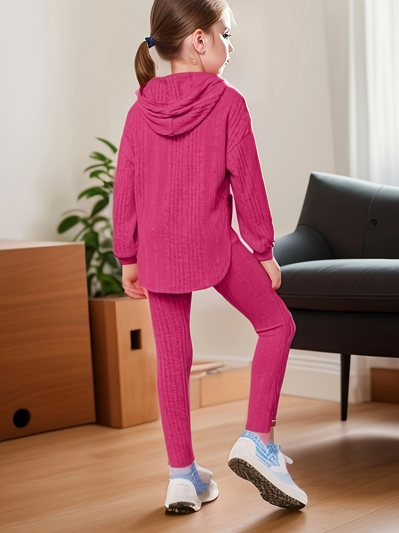 Girls Activewear Set Ribbed Knit Hoodies Stretchy Pants Set - Temu