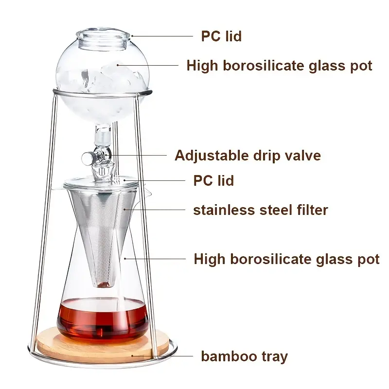 1pc iced coffee cold brew drip tower coffee maker portable cold drip coffee system high borosilicate glass coffee pot and stainless steel valve funnel filter adjustable speed valve details 6