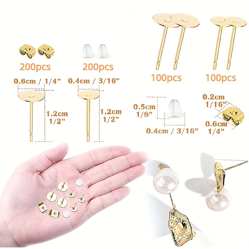 200PCS Nickel-free Stainless Steel Earrings Posts Flat Pad, Earring Backs  for Studs, Hypoallergenic Earring Studs with Butterfly and Rubber Bullet