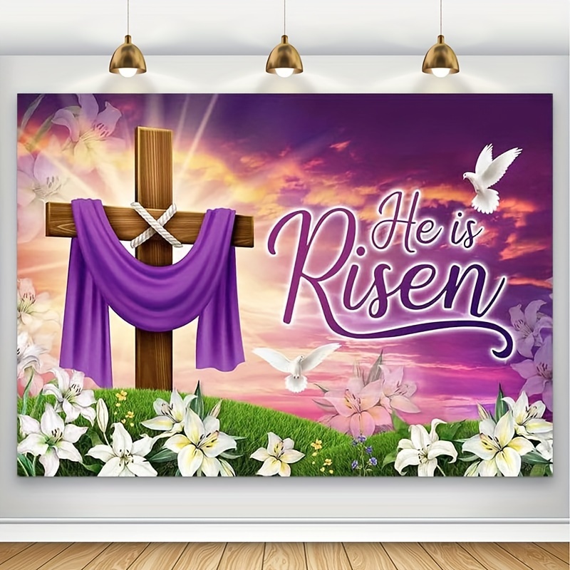 1pc, Fabric He Is Risen Easter Backdrop Spring Christian Cross Lily Jesus  Photography Background Religious Party Decorations Photo Banner Booth Props