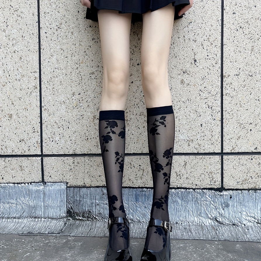 Floral Pattern Mesh Calf Socks Dark Sheer Knee High Socks - Temu