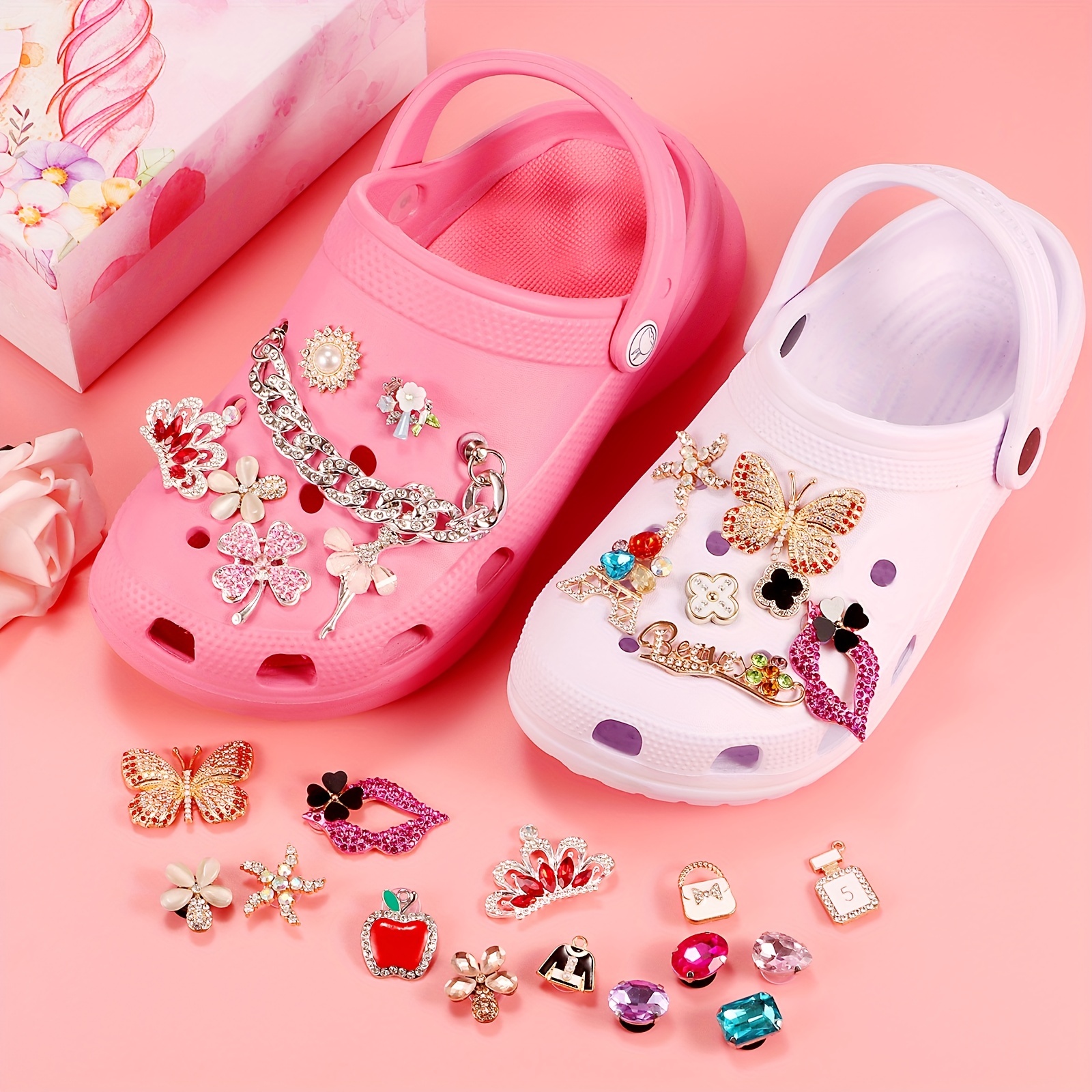 Charms for Crocs for Teen Girls and Adults Women, Bling Shoe Charms for  Crocs Pins Accessories, Pink Designer Gibits Charms Pack Christmas Gifts  for