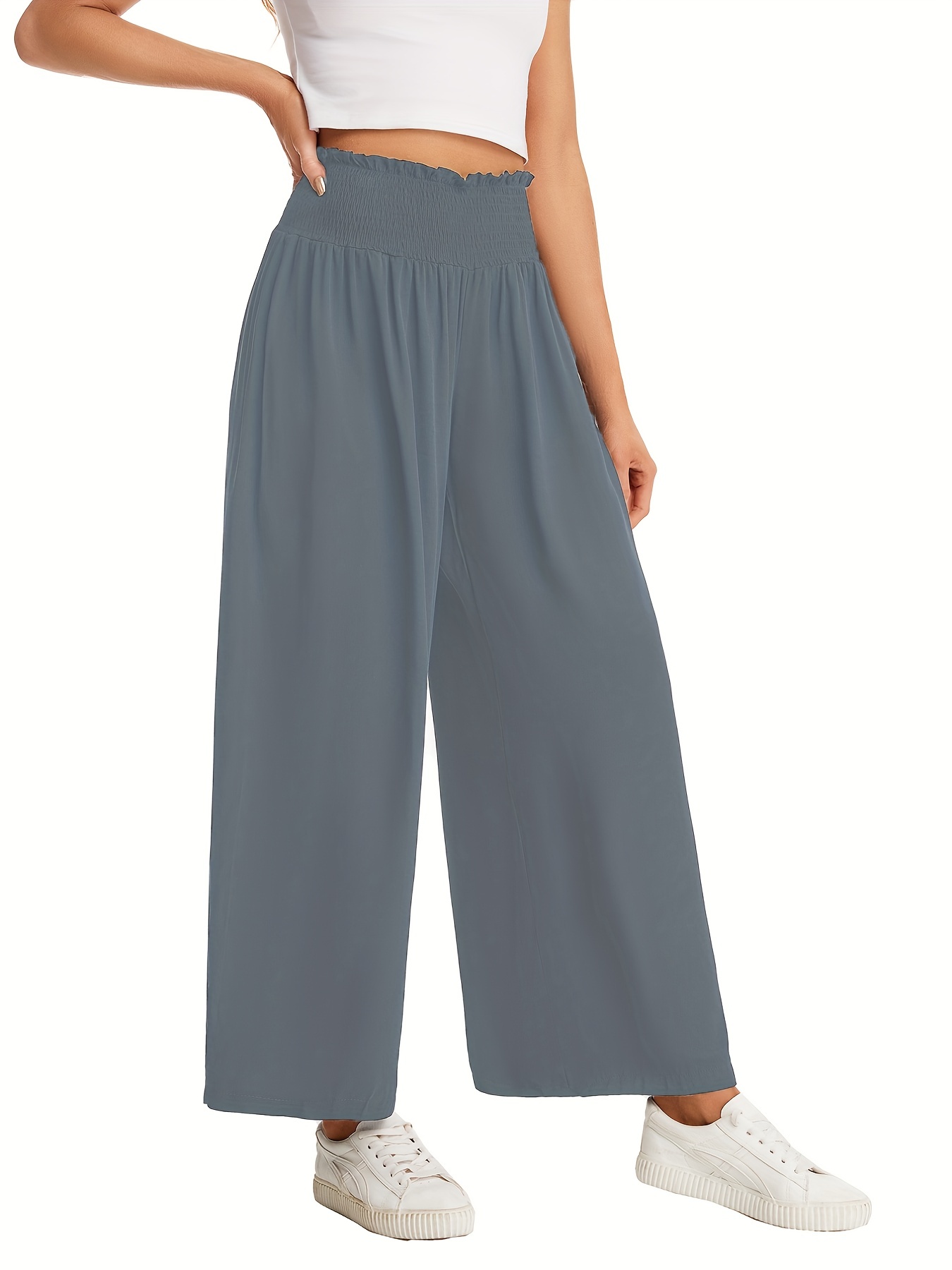 Women Wide Leg Pants High Elastic Waist Long Trousers Casual