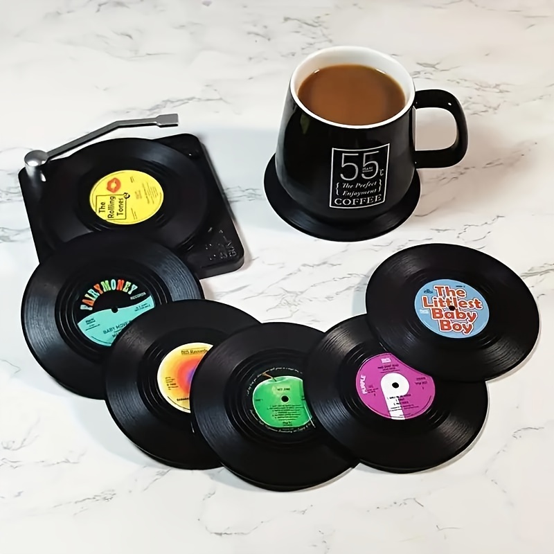 

6pcs Coasters, Vinyl Record Coasters, Creative Retro Classic Nostalgic American Rock Cd Non-slip Insulation Pads, Heat Insulation Table Mat, Room Decor