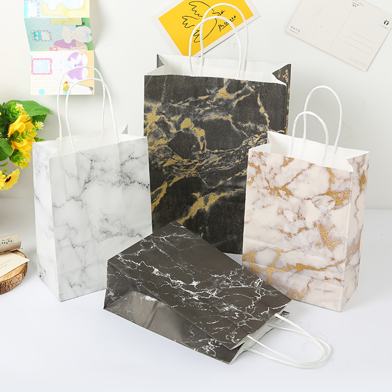 4pcs Marble Pattern Printed Kraft Paper Bags With Handles 8 2 5 9 3 1inch 21 15 8cm Gift Bags Goody Bags Candy Bags Goodie Bags