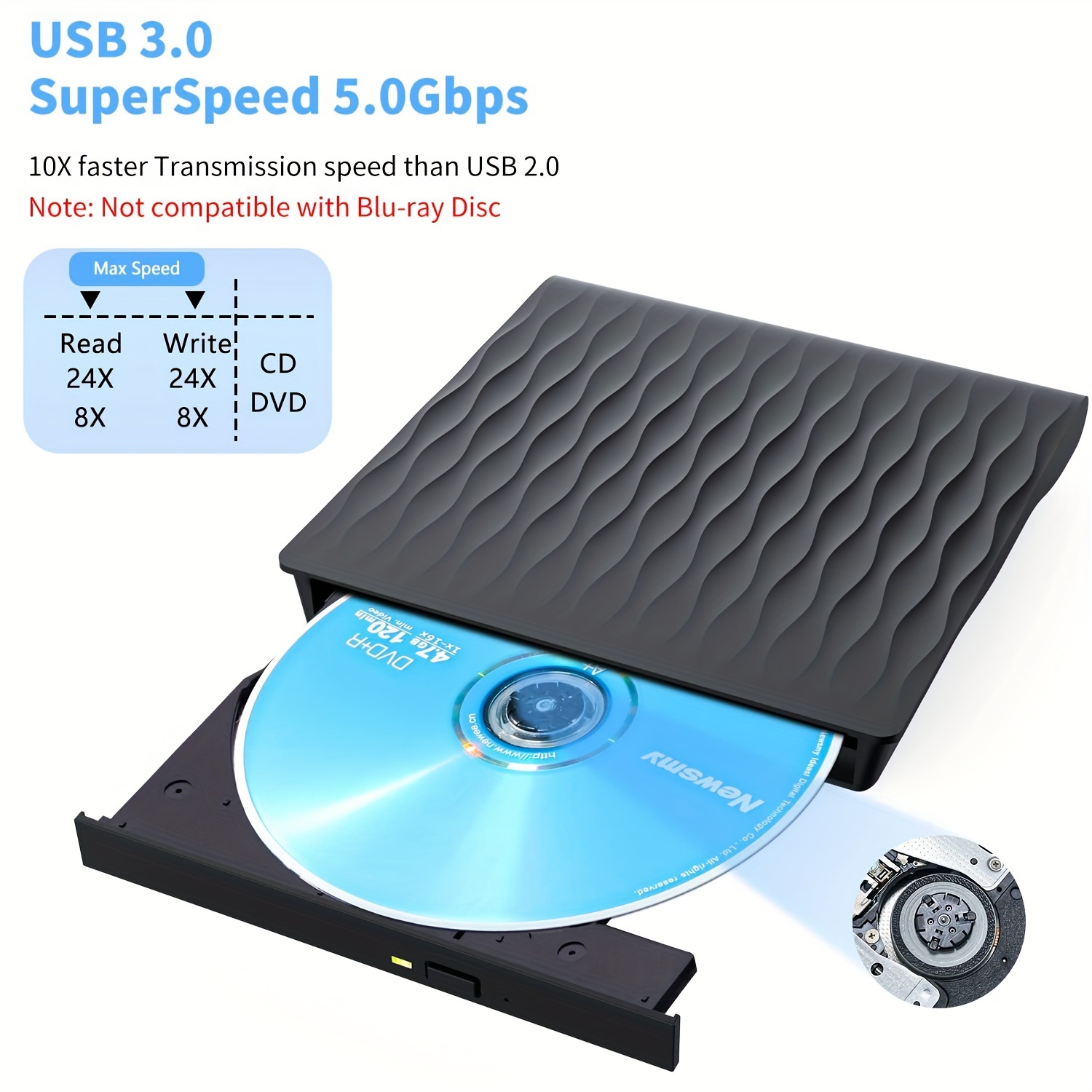 Lecteur CD DVD Externe, Graveur de CD DVD Portable USB 3.0