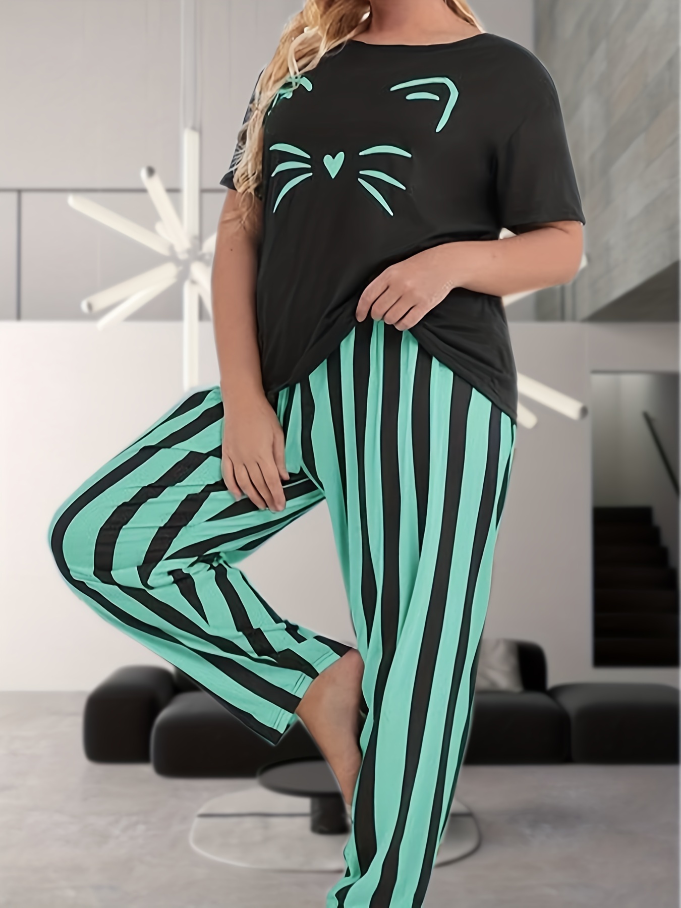 Plus Size Casual Lounge Set, Women's Plus Cute Cat Print Short Sleeve Tee &  Striped Pants Pajama Two Piece Set - Temu