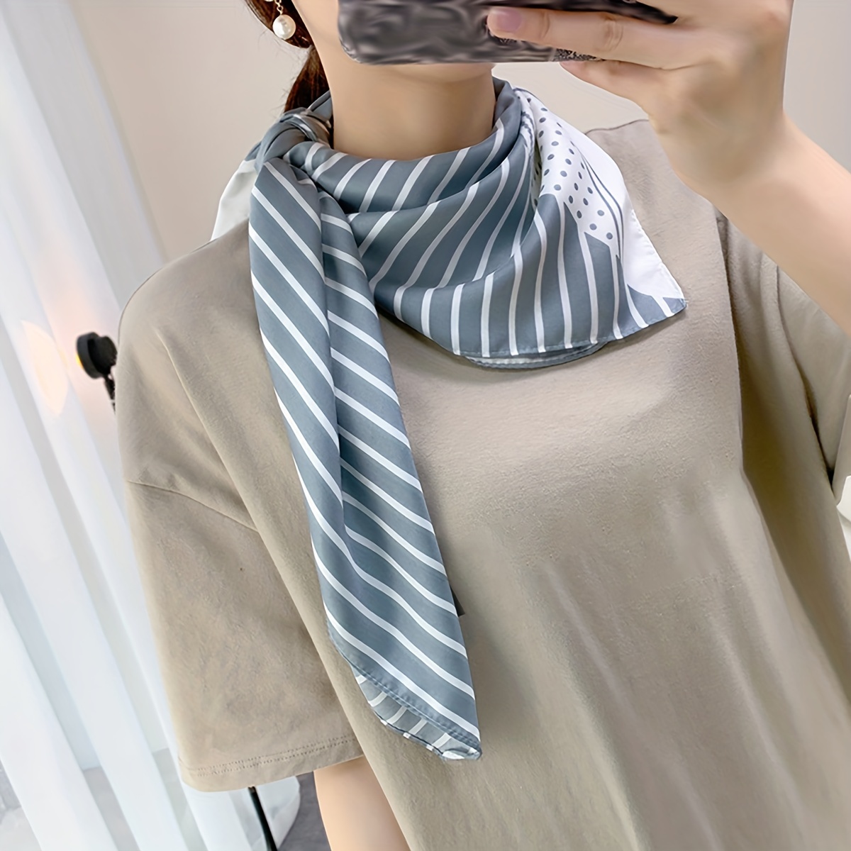 Stripe Dot Print Silk Square Scarf Bandana Shawl