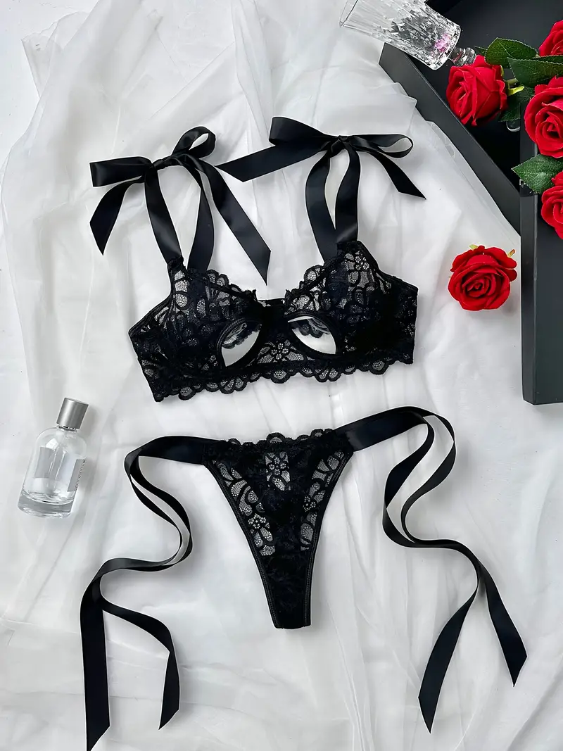 Floral Lace Lingerie Set, Cut Out Bow Knot Intimates Bra & Thong, Women's  Sexy Lingerie & Underwear