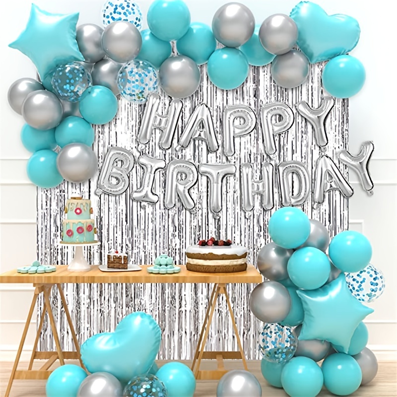Decoración de fiesta de cumpleaños, globo feliz de cumpleaños, conjunto de  globos turquesa y plateado, cortina con flecos plegables plateados para niñ