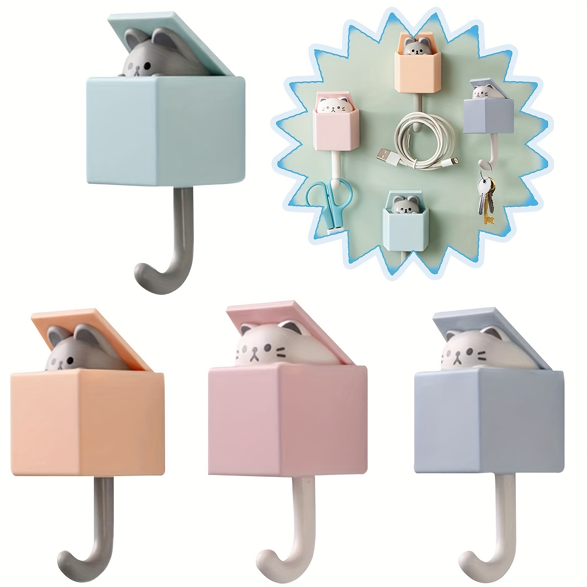 4pcs Cat and Rat Key Hooks, Cute Room Decor * Mounted * Hook for Coat, Scarf, Hat, Towel, Key, Kawaii Wall Hanging Decor