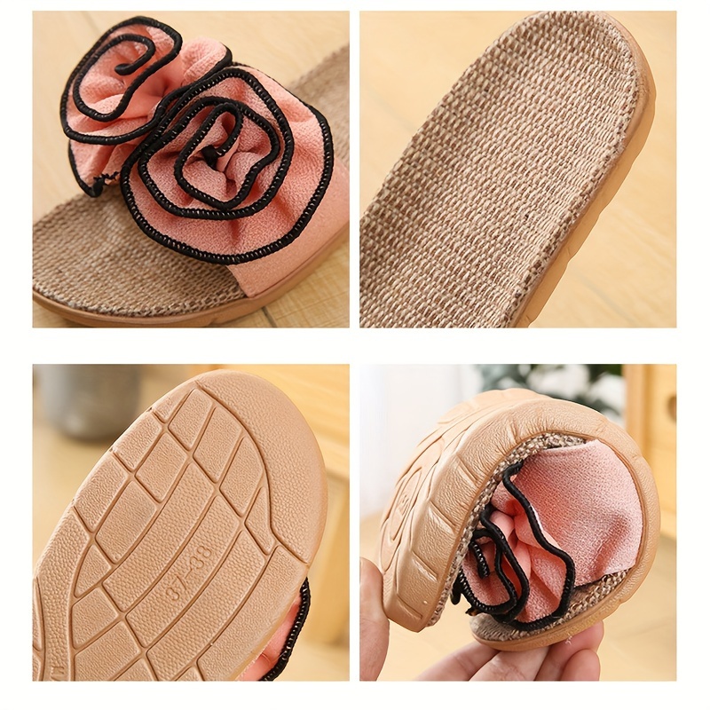 A Pair of Women'S Summer Indoor Slippers with Non-Slip Features, Cute Large Floral Design, And Made of Linen for Home Use., Women Shoes