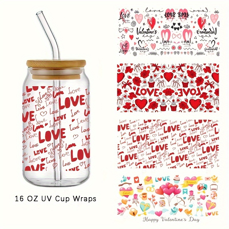 6pcs Donut Valentine's Day Cookie Heart Macaron Cake Valentine's Day Hearts  Design UV DTF Transfer Sticker For 16oz Libbey Glass Wrapping, Waterproof