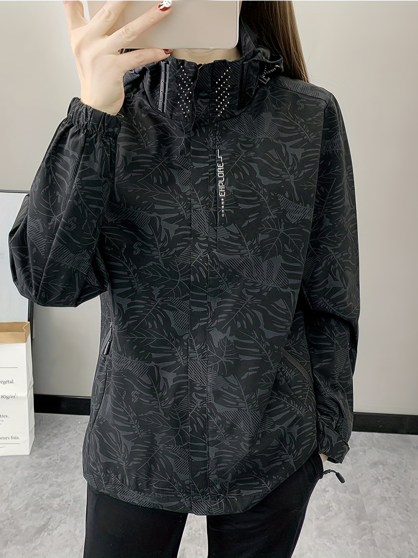 Leaf Print Outdoor Jacket Removable Hood Women's Windproof - Temu