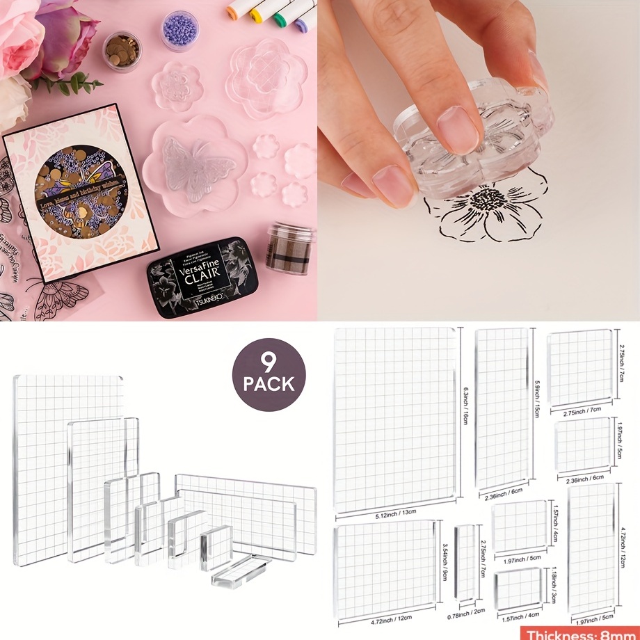 Whaline 4 Pieces Stamp Blocks with Grid and Grip Acrylic Clear Stamping Blocks