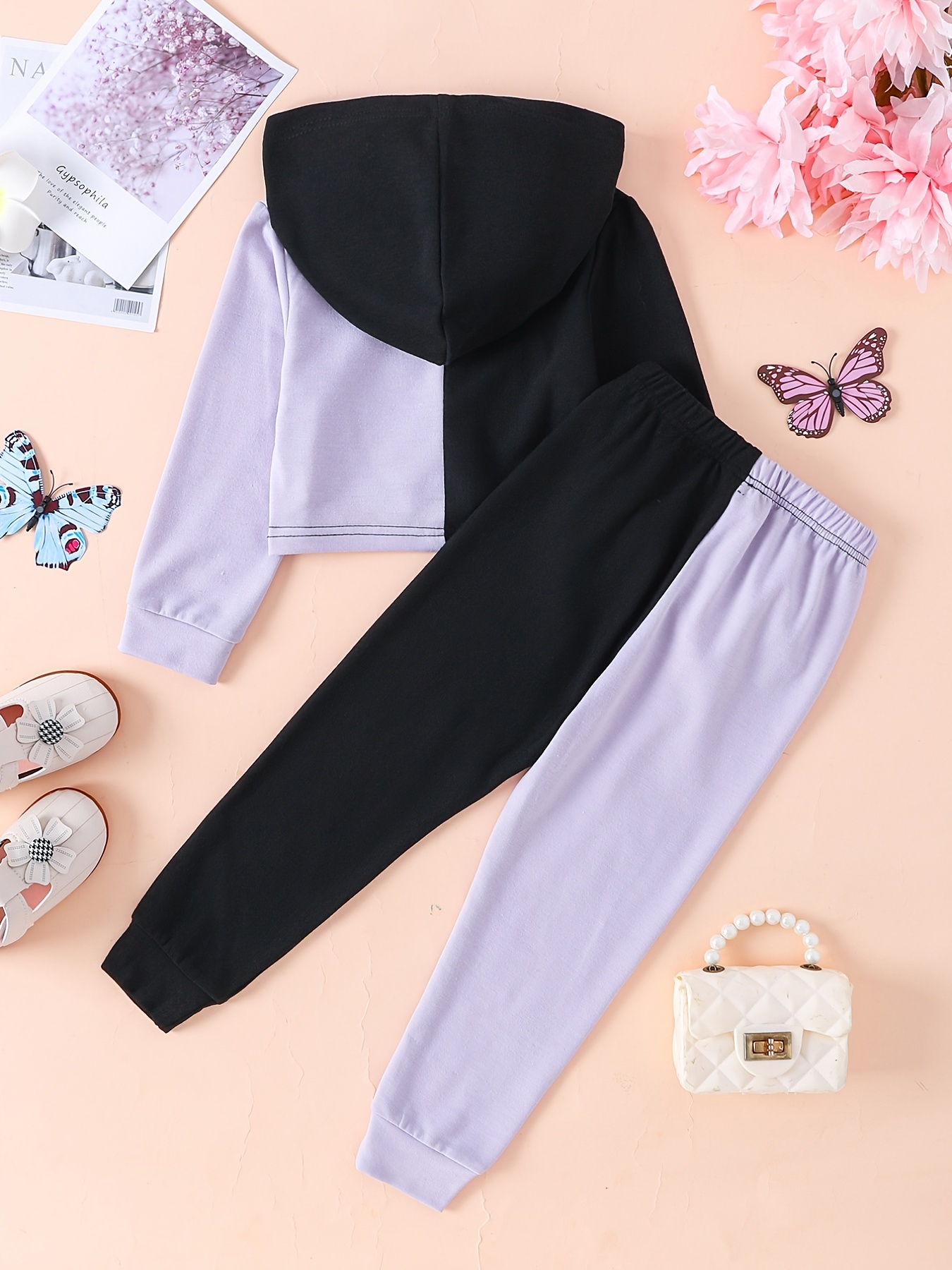 Girl's Butterfly Color Clash Outfit Hoodie Sweatpants Set - Temu