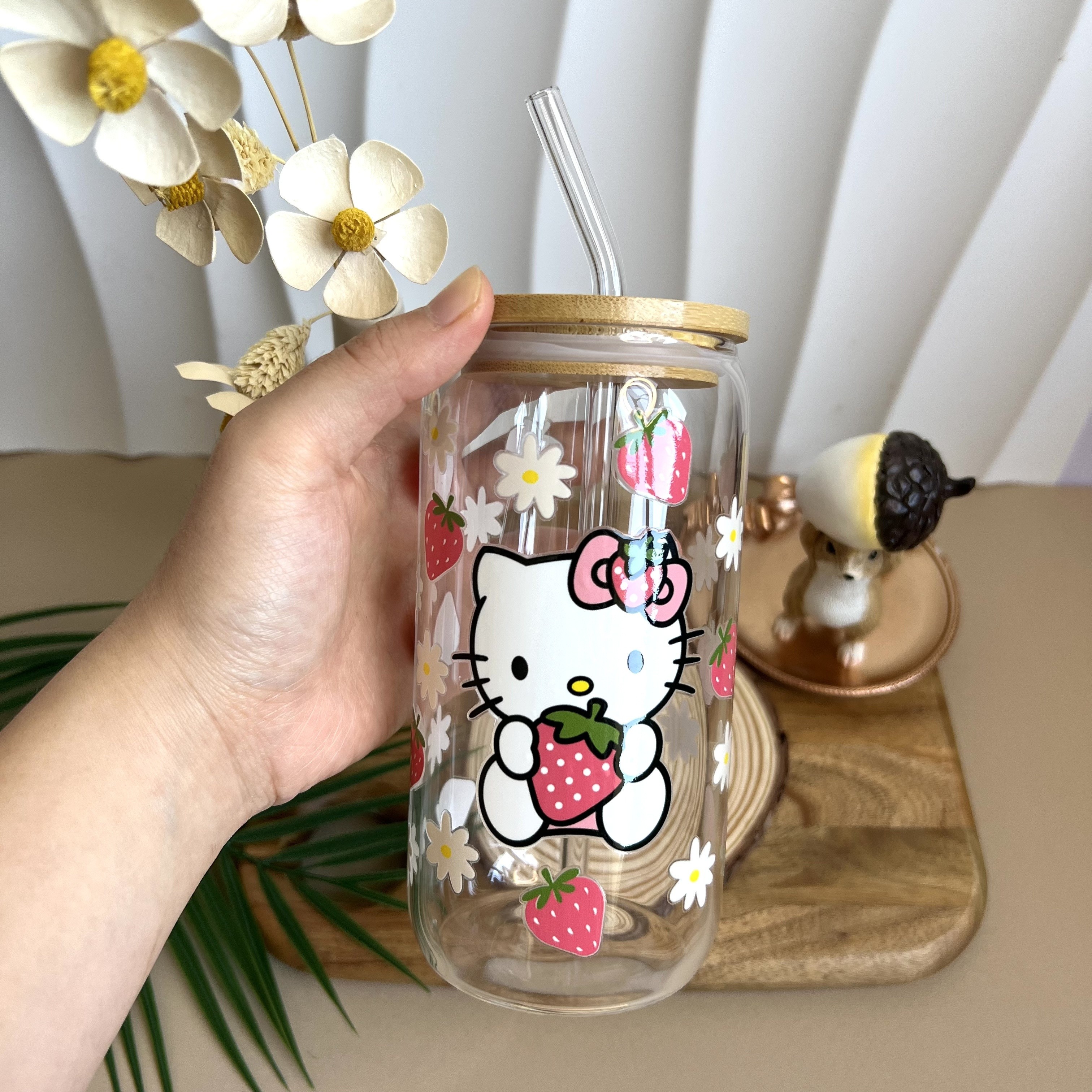 cute decal glass cup with double handles children use milk water glass mugs  with lid and straw manufactory