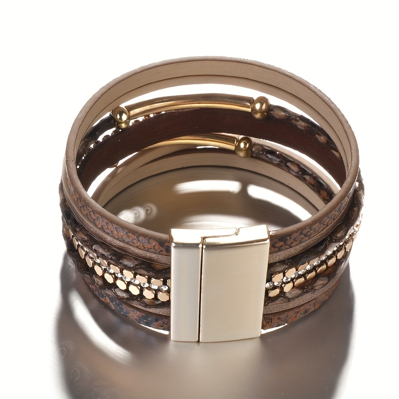 Snakeskin Pattern Leather Bracelet Multilayer Wrap Magnetic Clasp