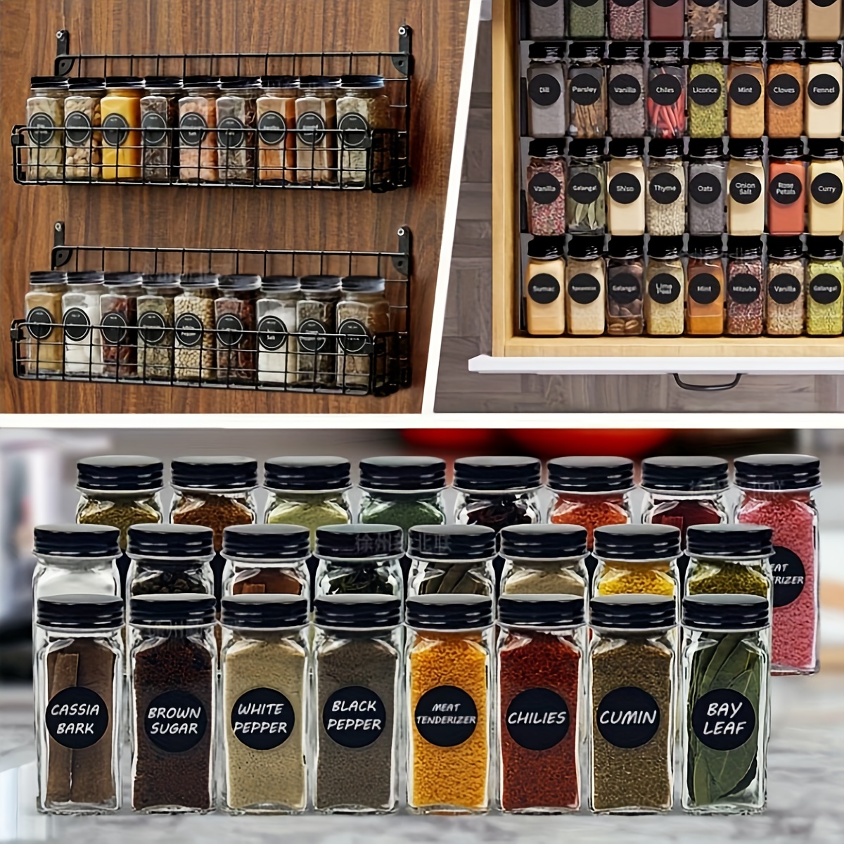 U-Pack 12 pieces of French Square Glass Spice Bottles 6 oz Spice Jars with  Black